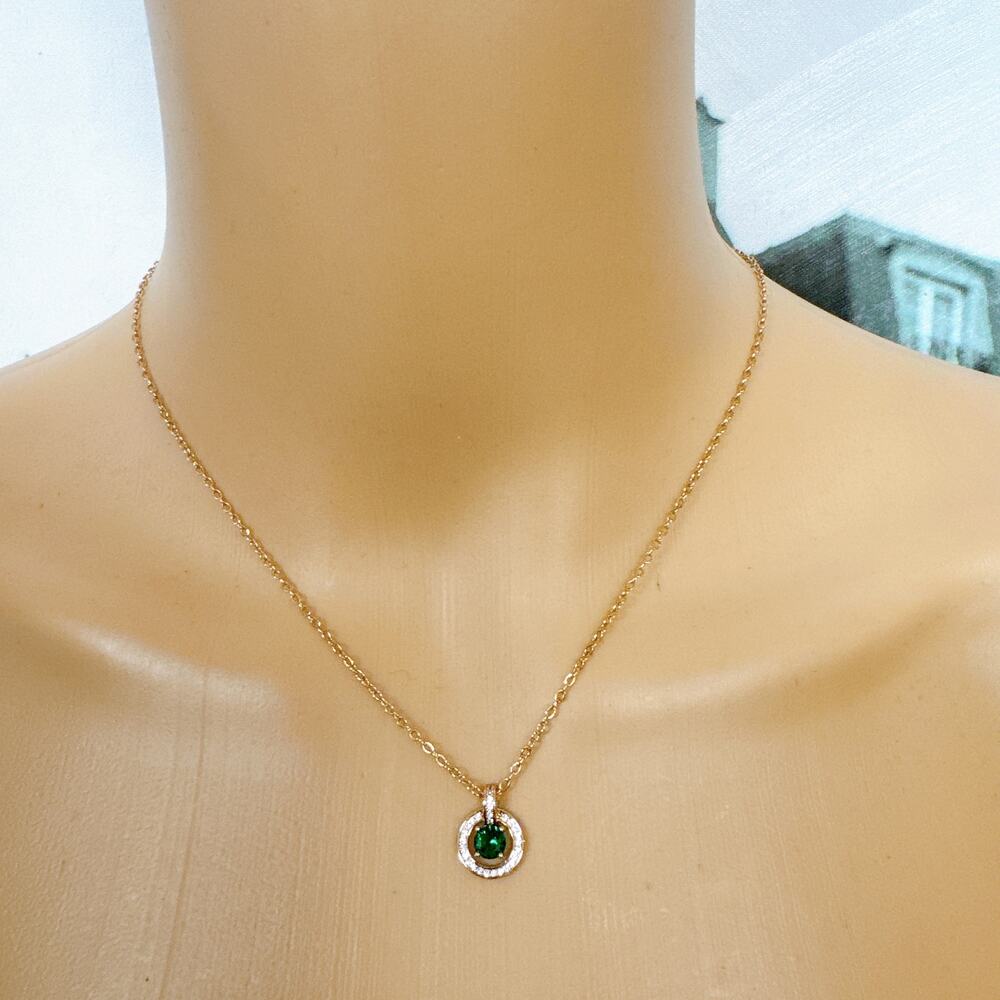 Gold‑Tone Pendant Necklace with Green Halo Crystal Charm